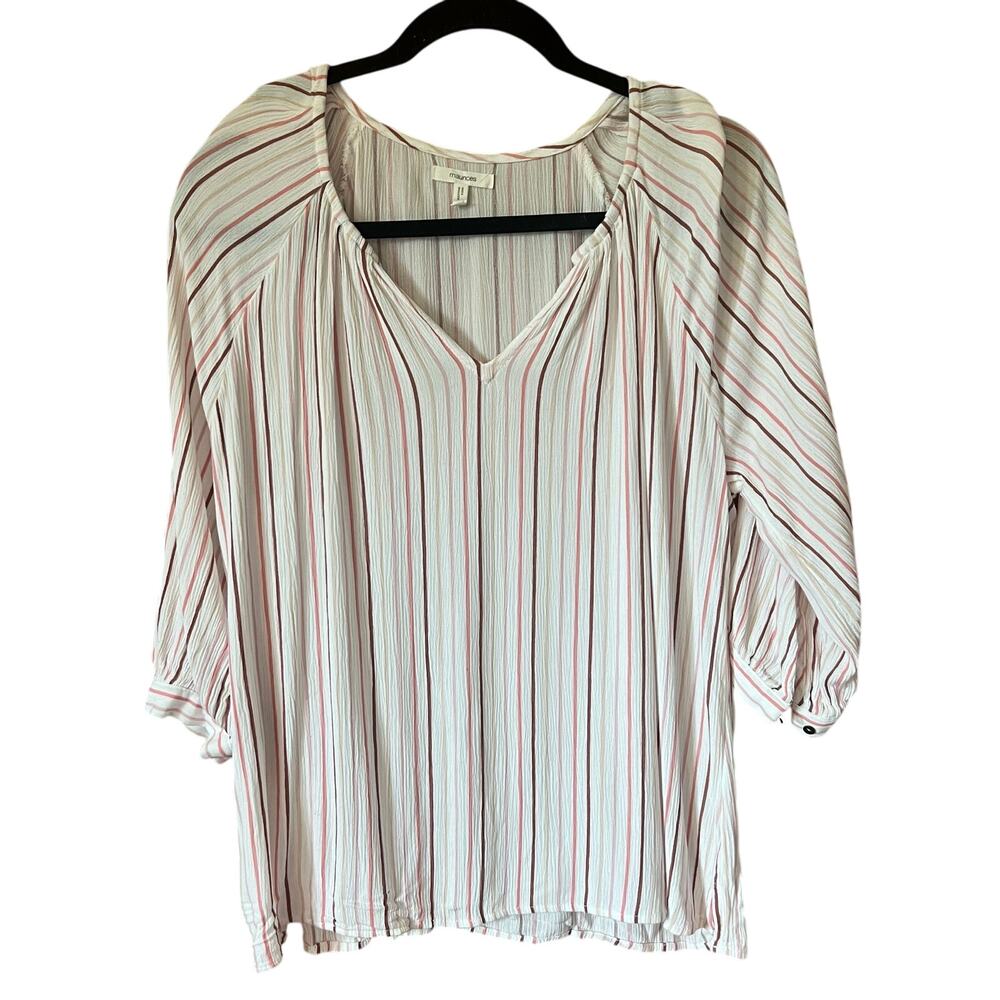 White and Pink Pinstripe Quarter Sleeve V-Neck lightweight Blouse Size Medium